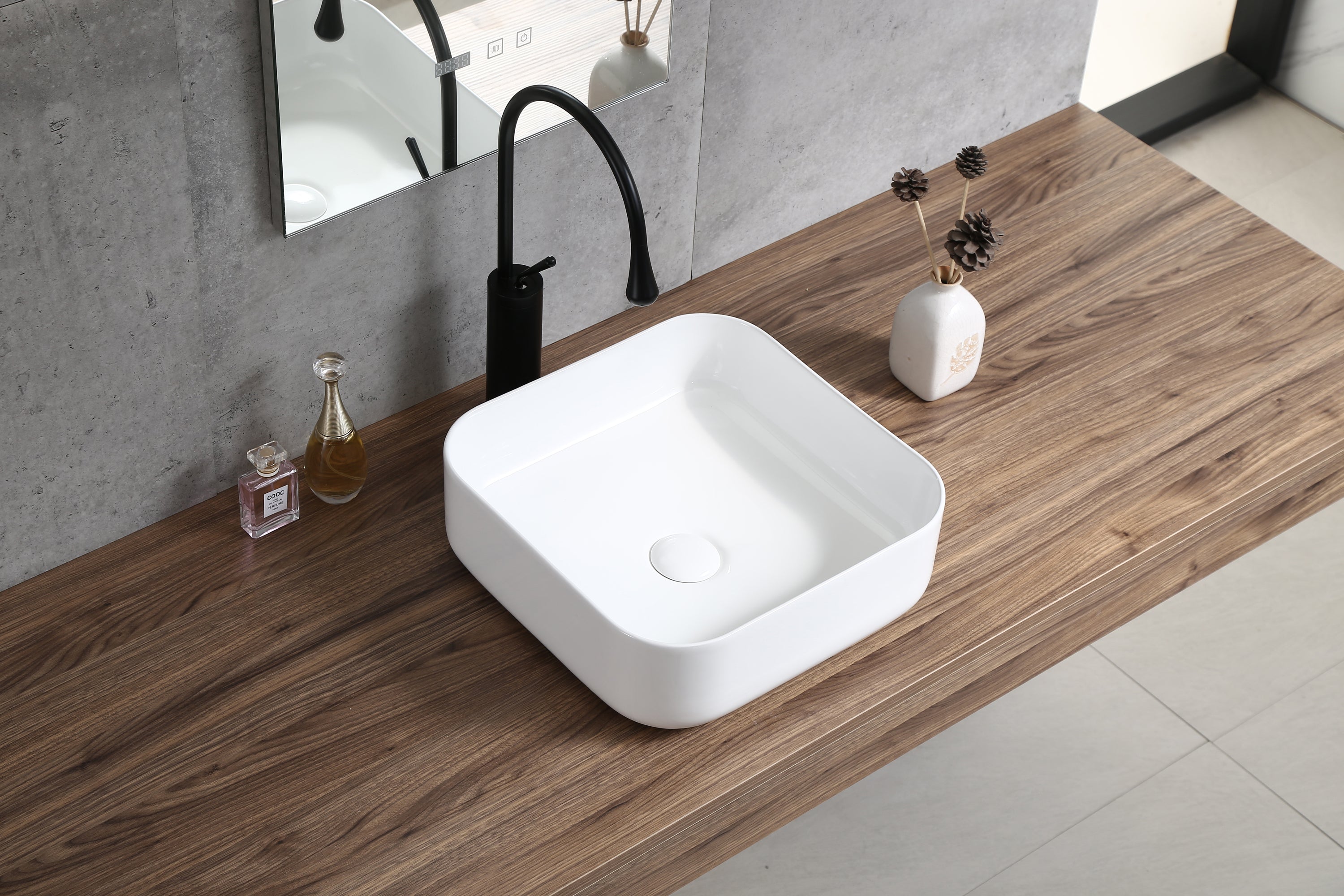 Bathroom Countertop Ceramic Sink White Square Shpae 15.35'x15.35'x5.5'