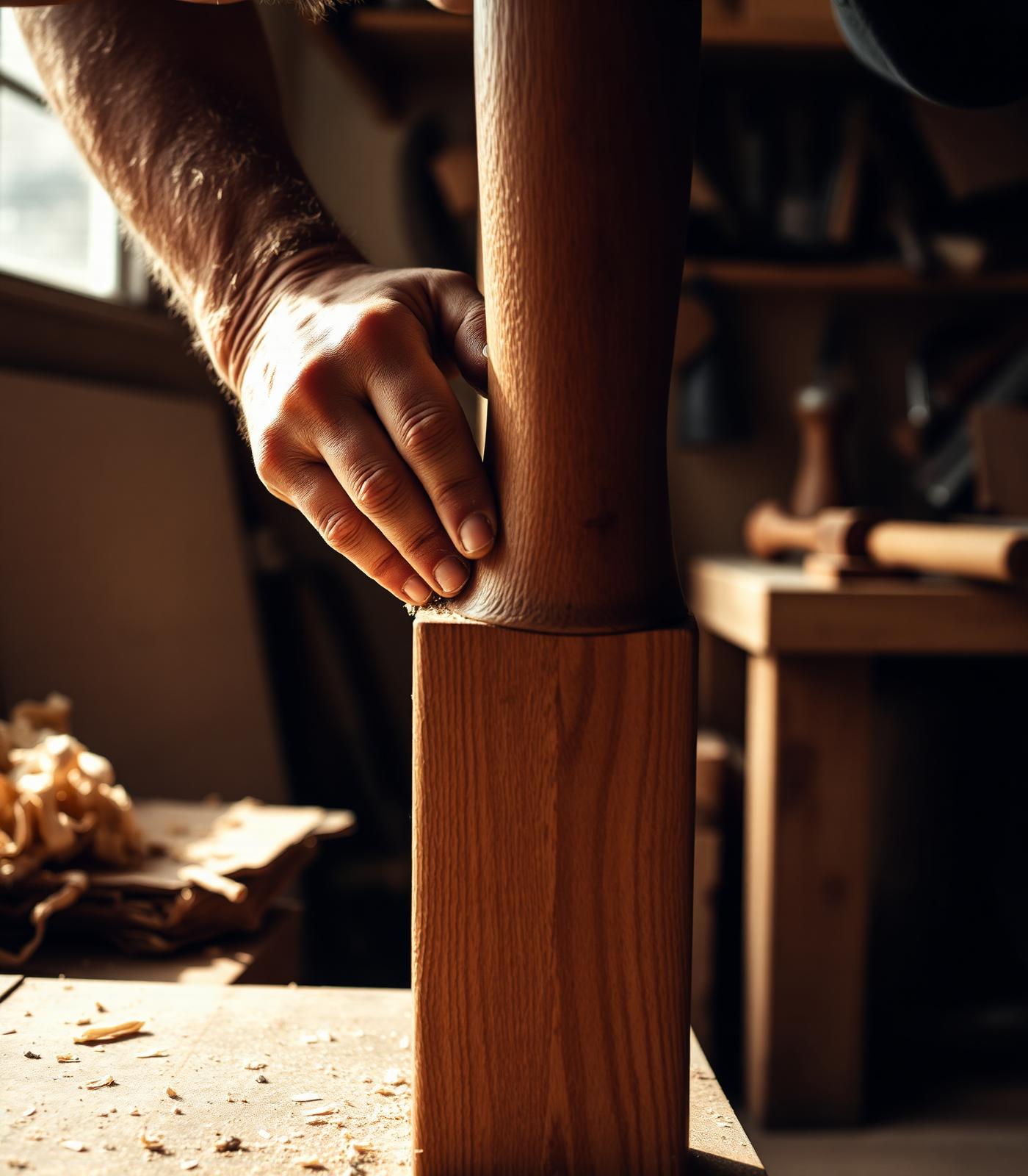 Craftsman hand-finishing an oak chair leg in a sunlit workshop