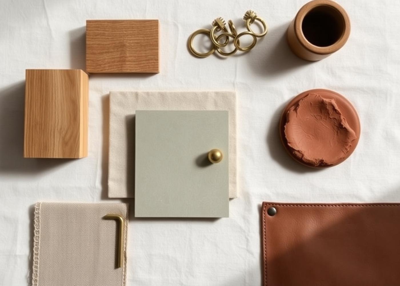 Flatlay of oak, linen, sage tile, brass, terracotta and leather material samples