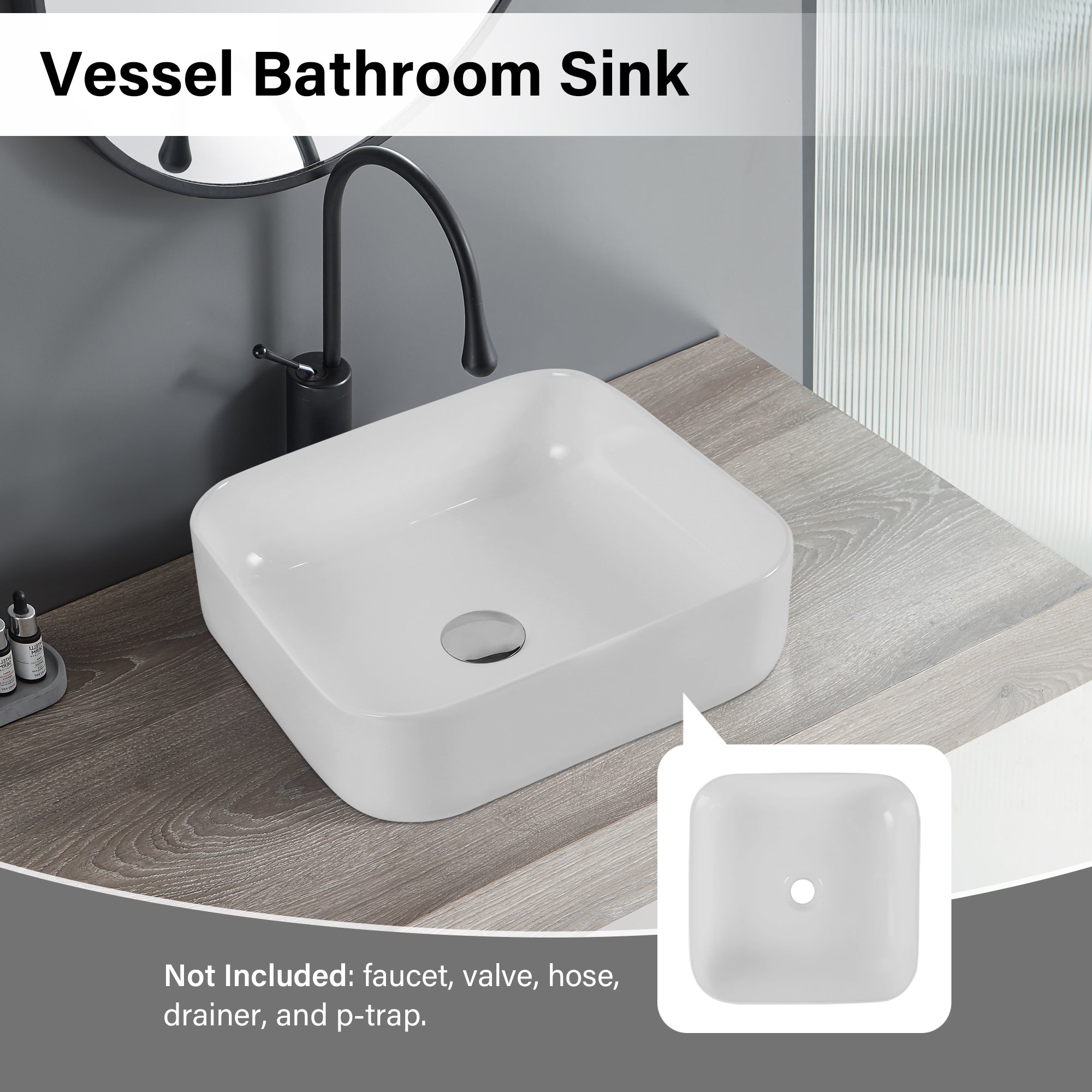 Bathroom Countertop Ceramic Sink White Square Shpae 15.35'x15.35'x5.5'