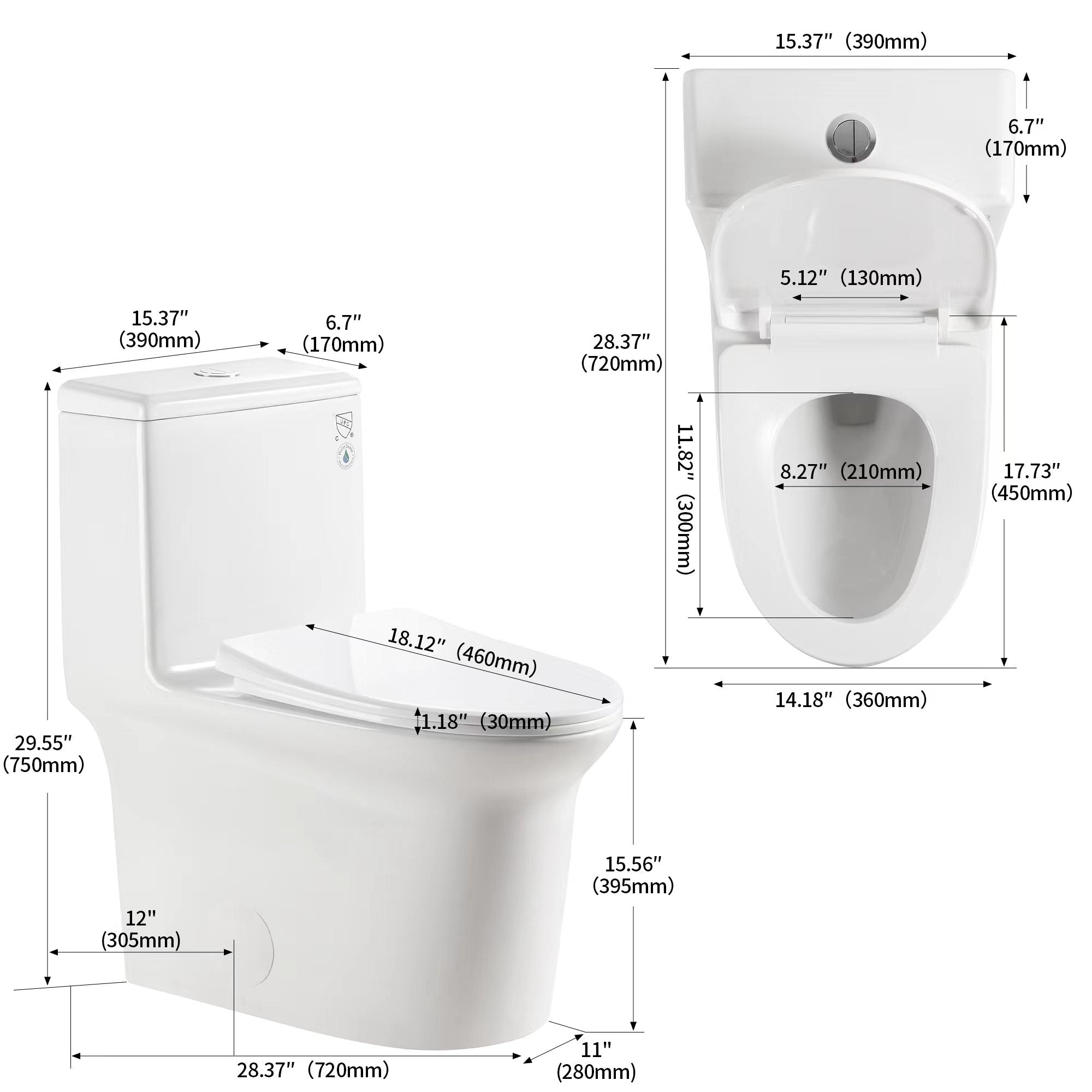 Bothwa Home 1.1/1.6 GPF Elongated Comfort Height Floor Mounted One Piece Dual Flush Toilet