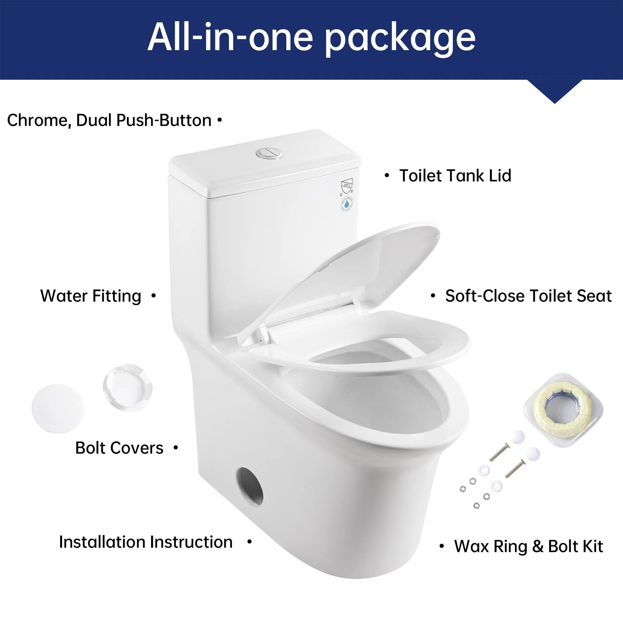 Bothwa Home 1.1/1.6 GPF Elongated Comfort Height Floor Mounted One Piece Dual Flush Toilet