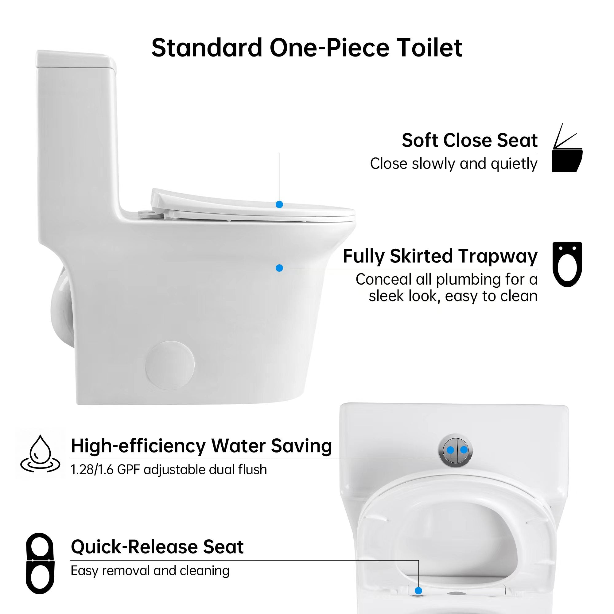 Bothwa Home 1.1/1.6 GPF Elongated Comfort Height Floor Mounted One Piece Dual Flush Toilet