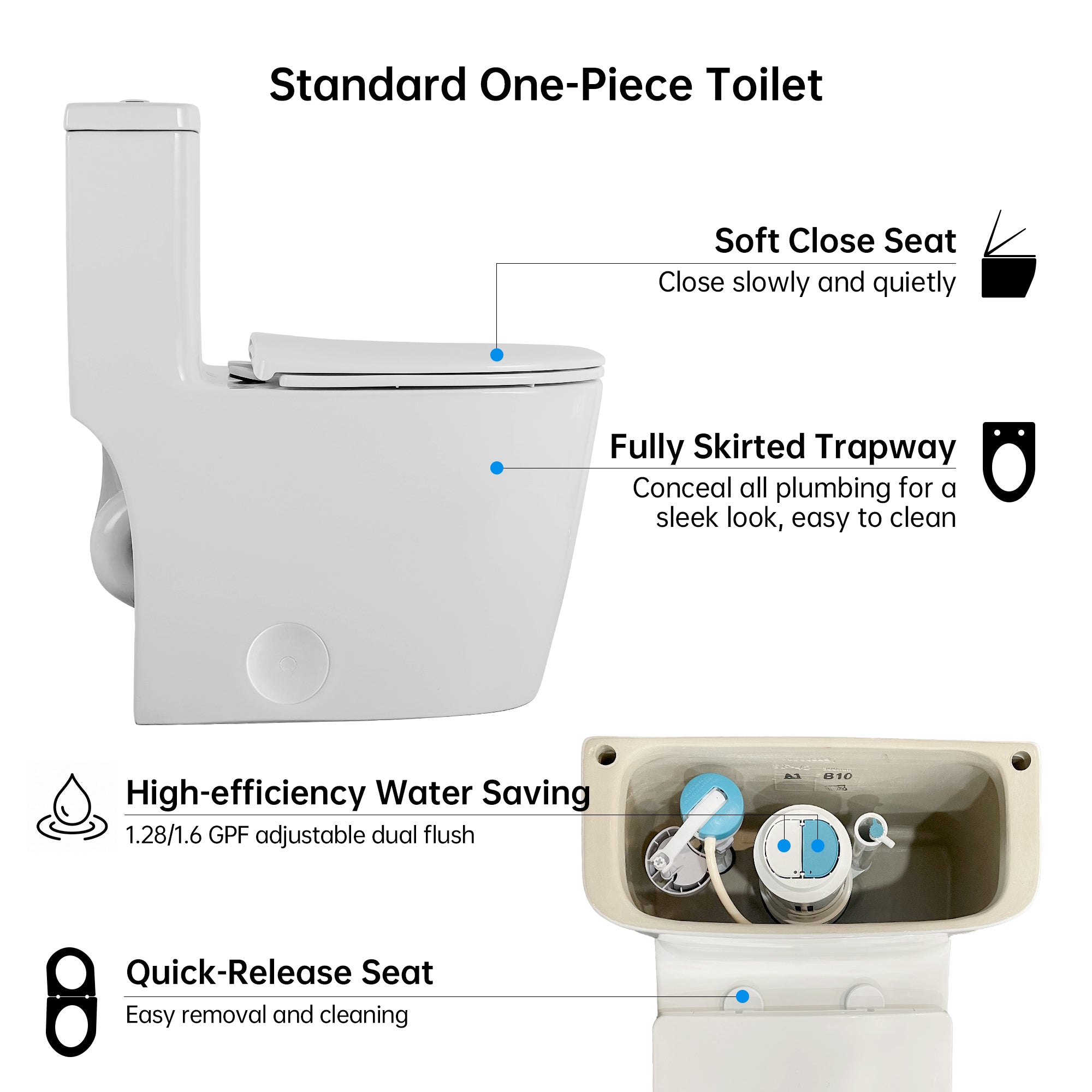 Bothwa Home 1.1/1.6 GPF Elongated Comfort Height Floor Mounted One Piece Dual Flush Toilet