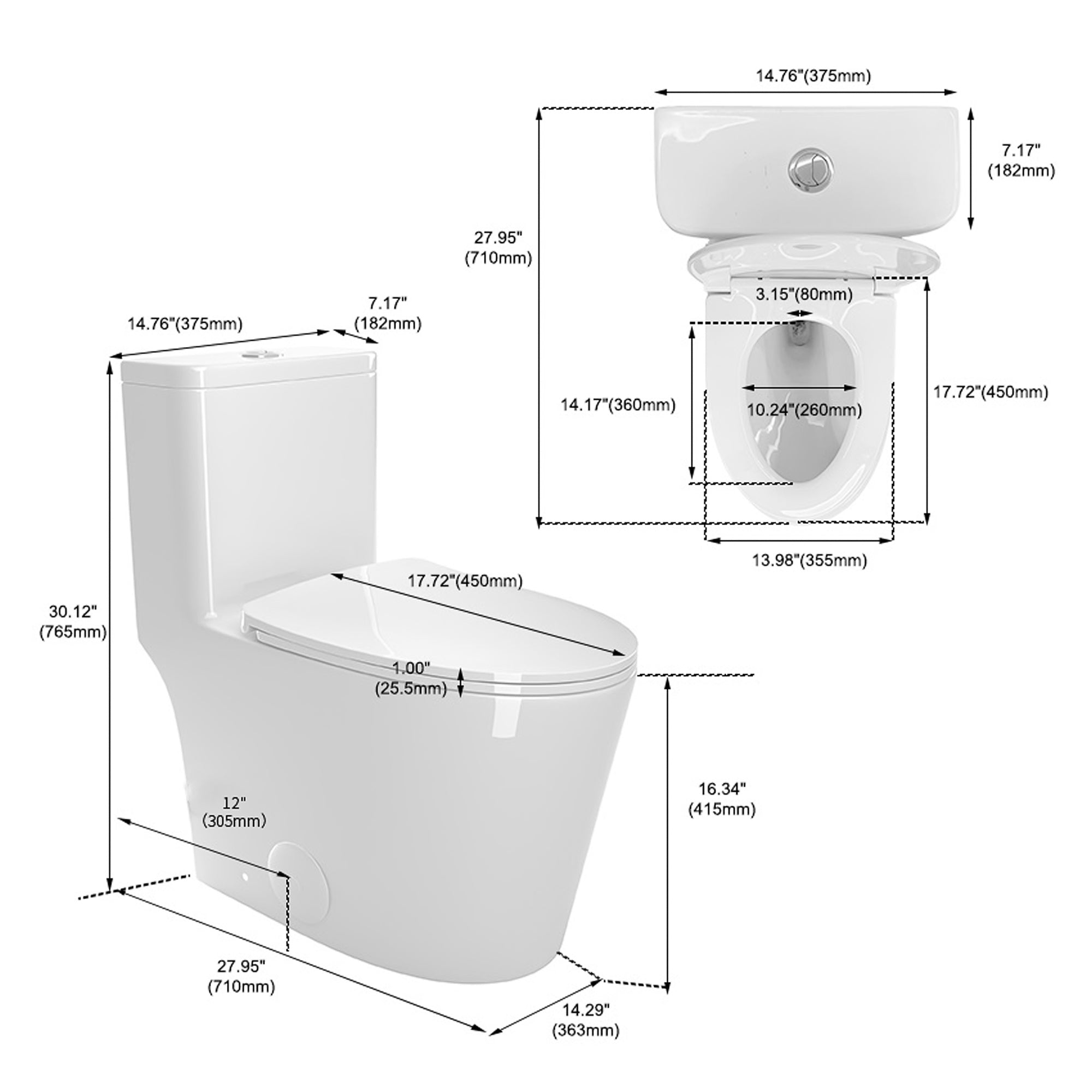 Bothwa Home 1.1/1.6 GPF Elongated Comfort Height Floor Mounted One Piece Dual Flush Toilet