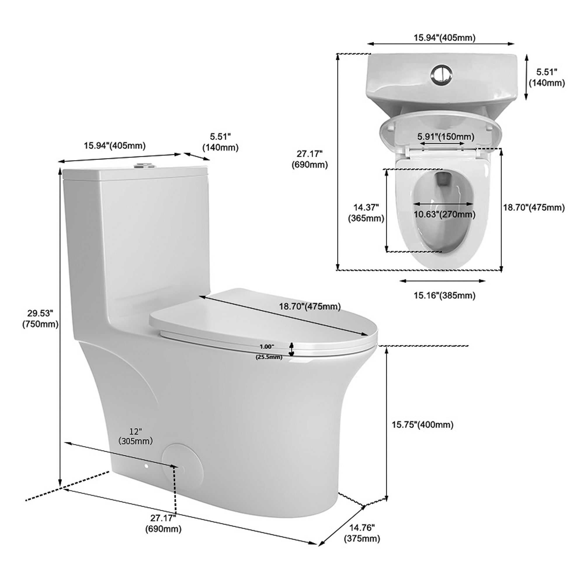 Bothwa Home 1.1/1.6 GPF Elongated Comfort Height Floor Mounted One Piece Dual Flush Toilet